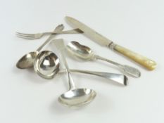 Two Exeter silver sauce ladles 18cm, A “Trefid” sppon and fork, silver and mother