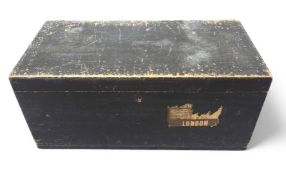 A black painted pine trunk with swing handles, 35.