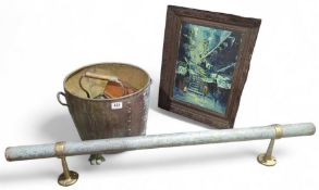 A copper log bucket, copper kettle, copper baniste