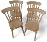 Four pine chairs with turned legs and supports
