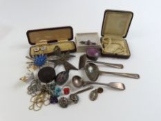 A small silver and purple enamel pill box, a treen