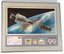 A framed and glazed display including a watercolou