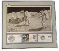 A framed and glazed display with a watercolour of