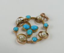 An Edwardian turquoise and seed pearl pendant, wit