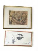 A watercolour of a kingfisher perched on a tree, 3