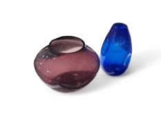 A large blue bubble glass dimple vase, 27.5cms hig