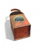 A Hyde handled lantern painted red, with three len