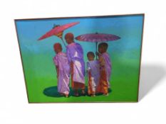 A large oil on canvas of young Burmese boys walking u