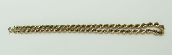 A short 9ct gold hollow rope chain, 38cm long, 11.