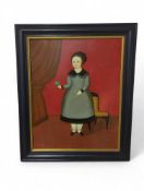 A Primitive style portrait of a young girl holding