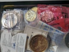 A collection of silver commemorative coins, many e
