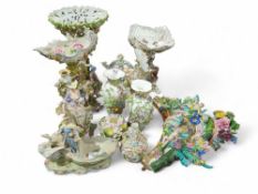 A quantity of floral encrusted porcelain centrepie