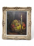 A still life oil on canvas of a candle and fruit i