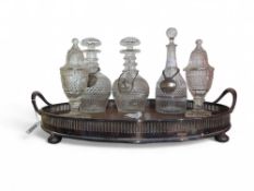 A silver-plated tray with wooden body, alongside f