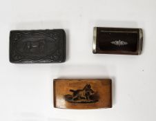 Three Victorian snuff boxes comprising a pewter example cast with a horse and foal, in oval