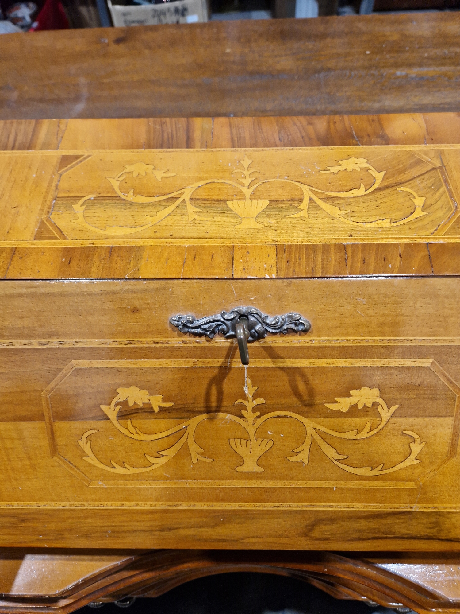 Reproduction marquetry inlaid bureau, the fall-front enclosing two fitted drawers and pigeonholes - Image 4 of 34