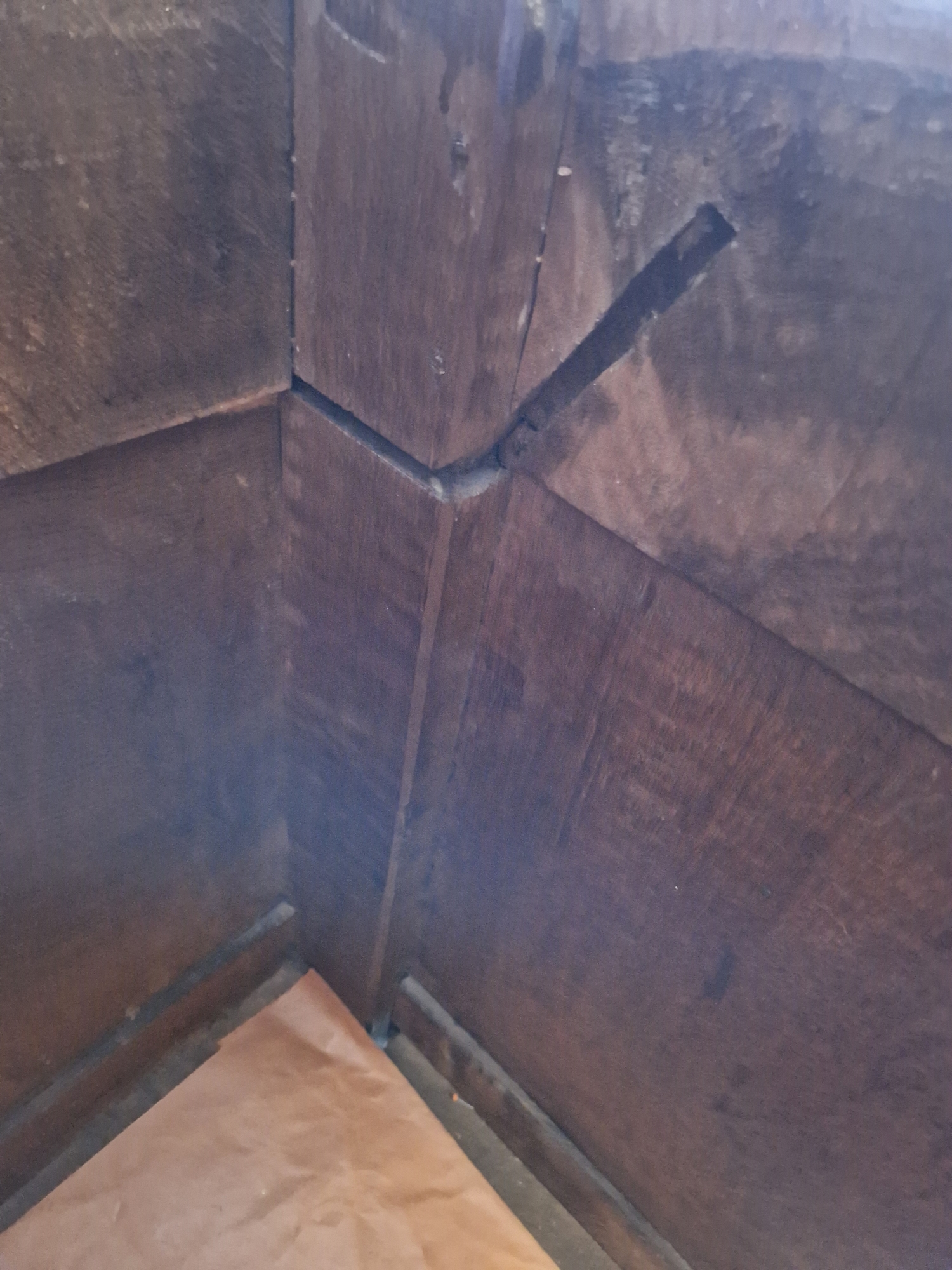 Antique oak coffer, the planked top with lunette frieze, the three-framed panel front scroll - Image 21 of 27