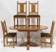 Oak extending dining table, oval with thumb mould edge, on heavy block and squat baluster column,