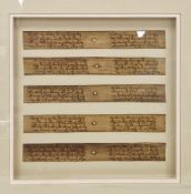 Five reproduction Asian written palm leaves, depicting religious texts, framed and glazed