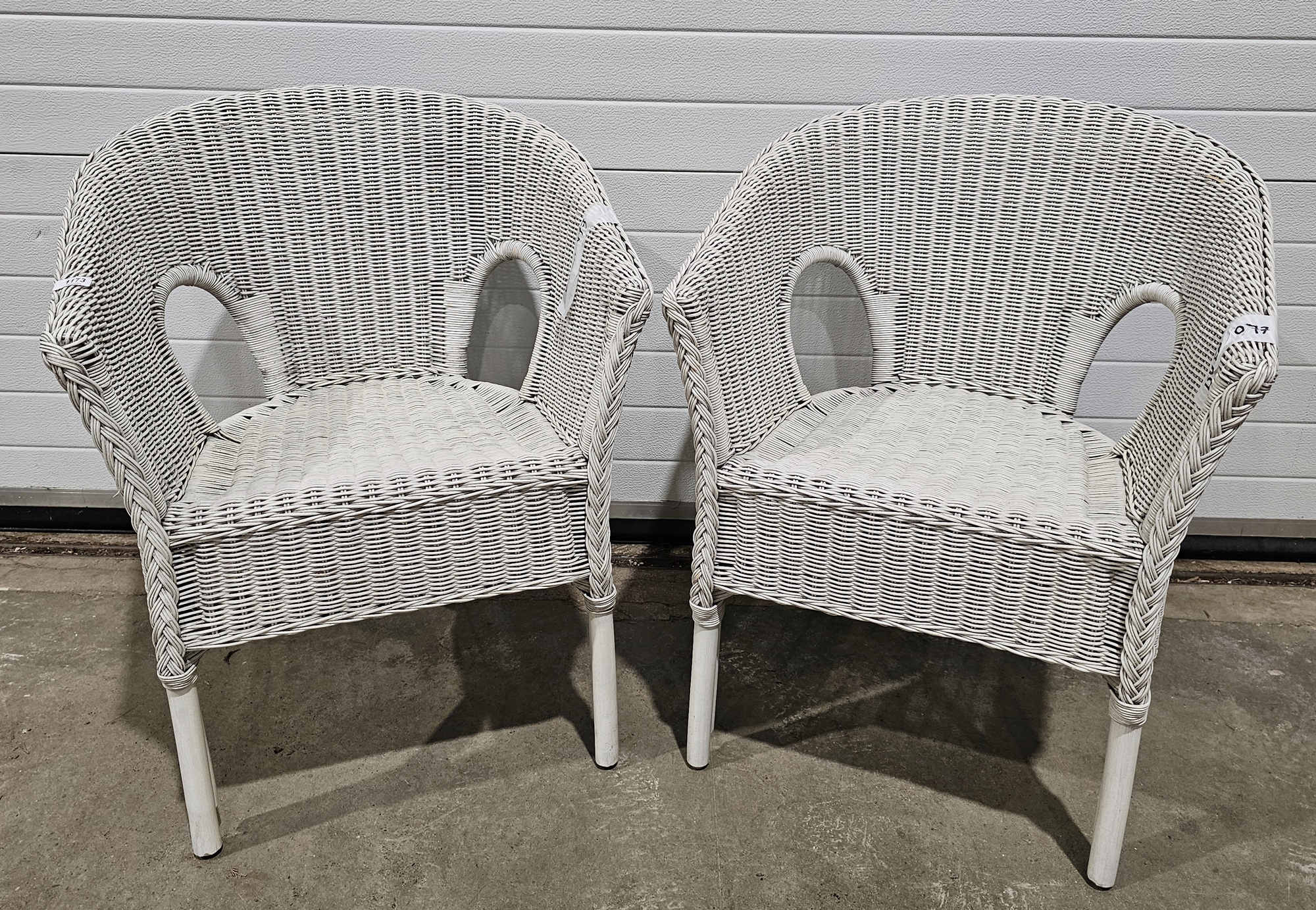 Pair of white painted Lloyd Loom-style armchairs, each 79cm high (2)