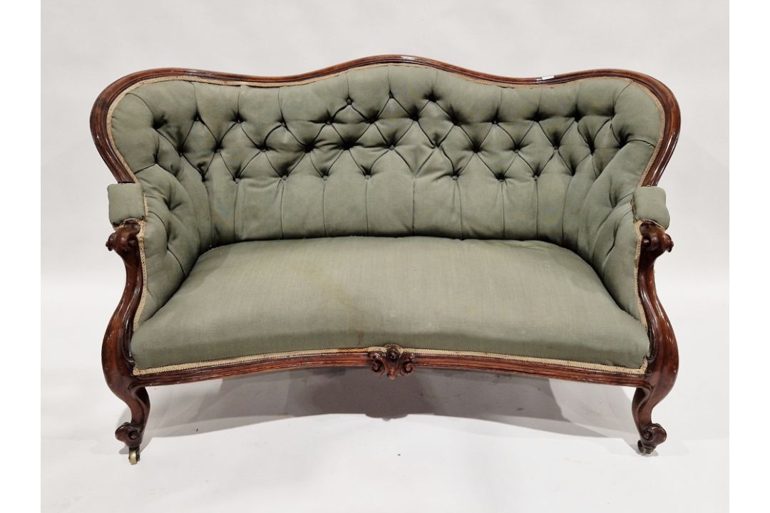 Victorian mahogany-framed parlour sofa, with scroll button back and foliate carved frame, - Image 1 of 29
