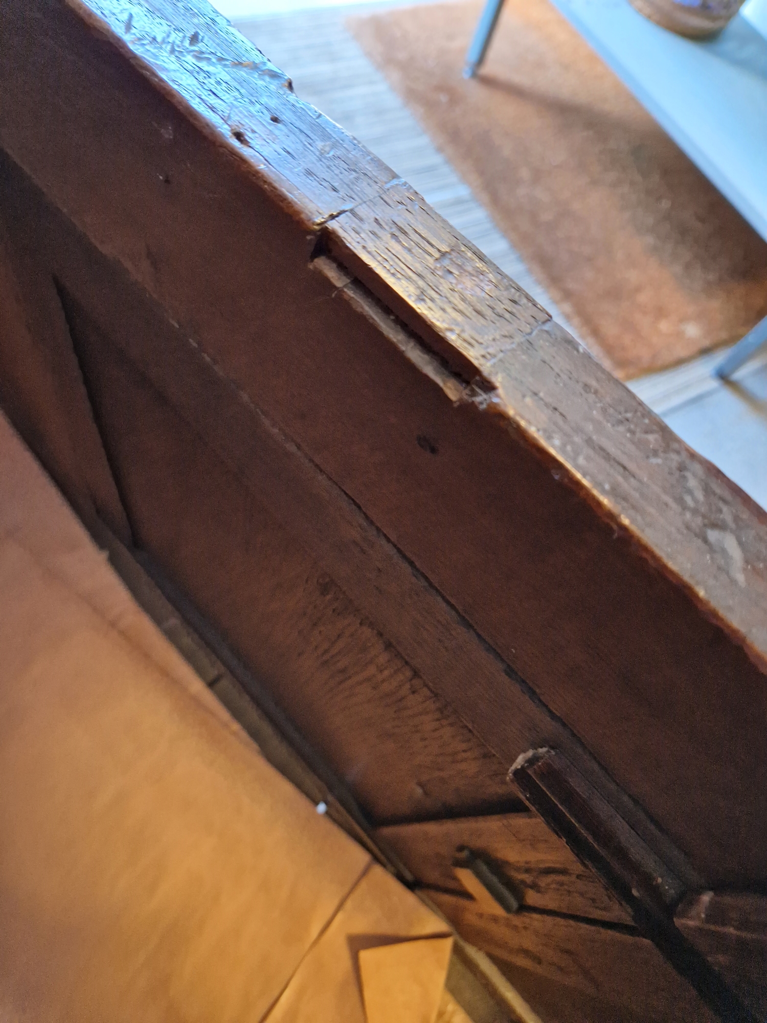 Antique oak coffer, the planked top with lunette frieze, the three-framed panel front scroll - Image 23 of 27