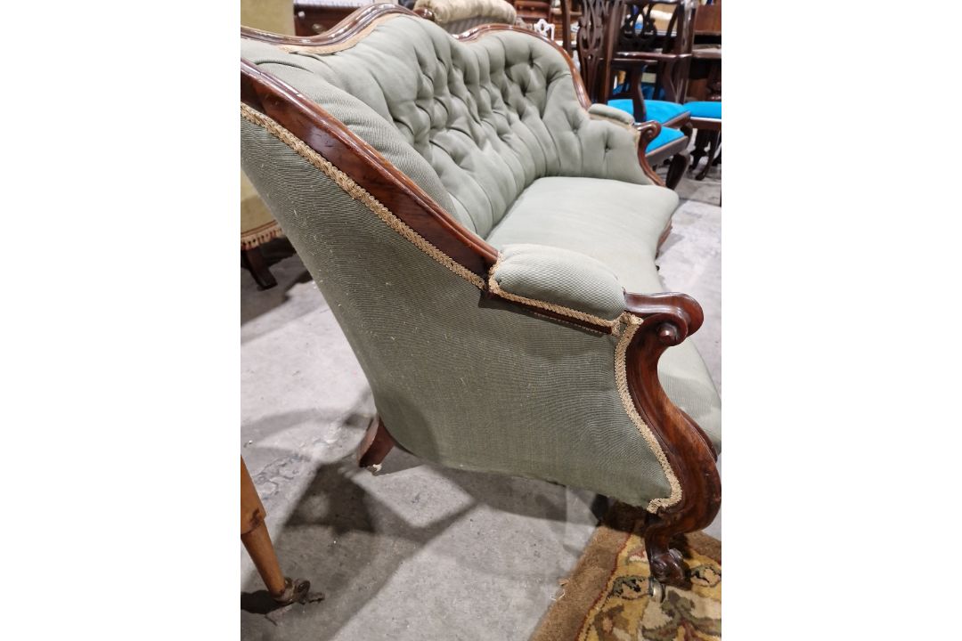 Victorian mahogany-framed parlour sofa, with scroll button back and foliate carved frame, - Image 19 of 29