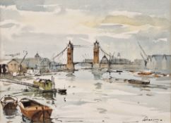 Edward Wesson (1910-1983) Watercolour and pen on paper Tower Bridge from the Thames, signed lower