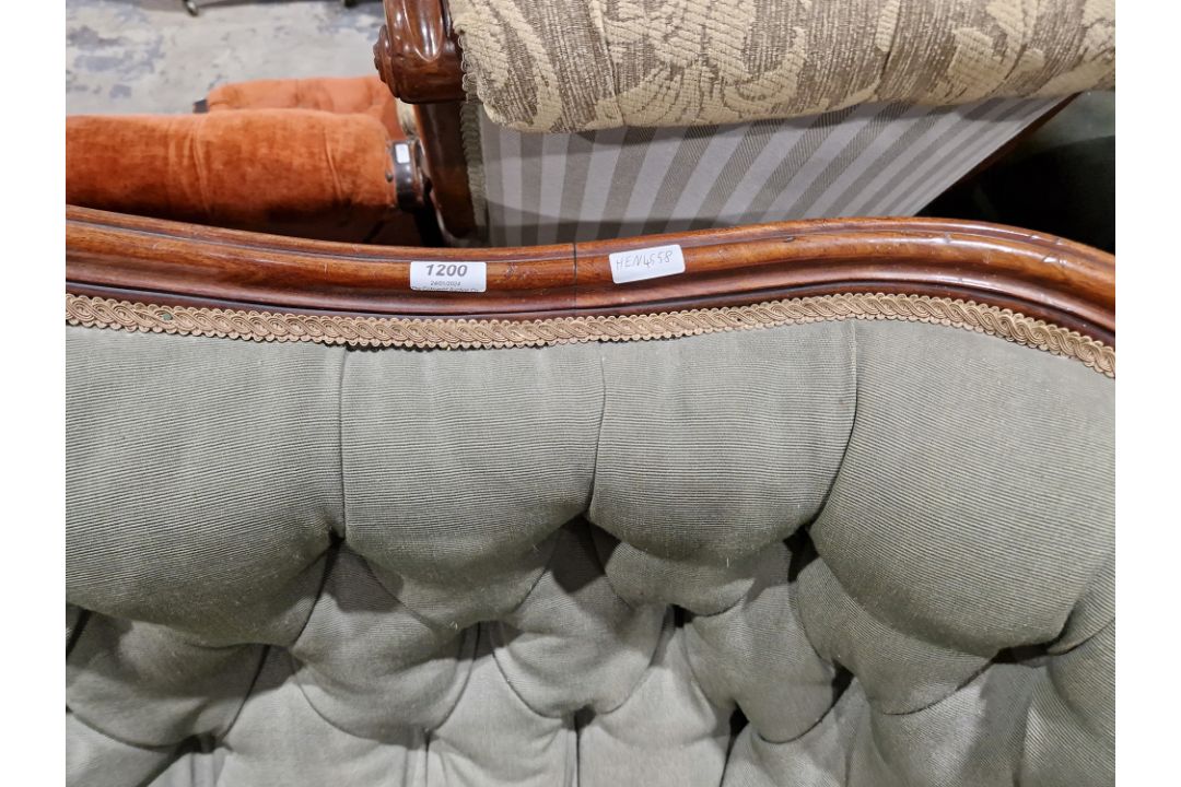 Victorian mahogany-framed parlour sofa, with scroll button back and foliate carved frame, - Image 4 of 29