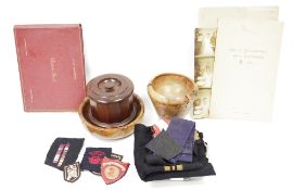 Assorted items of treen including a bowl, a cylindrical mortar, both in burr wood, an Edwardian