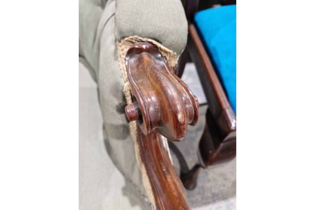 Victorian mahogany-framed parlour sofa, with scroll button back and foliate carved frame, - Image 7 of 29