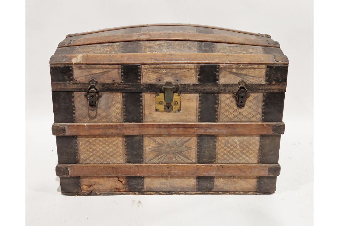 Late 19th/early 20th century tooled leather, oak and iron-banded travelling trunk, of domed form, - Image 1 of 2