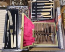 20th century three-piece carving set comprising knife, fork and sharpener and an assortment of other