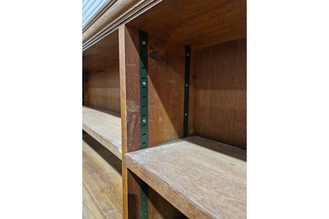 Unusually large oak bookcase, three section having 14 adjustable shelves, 172cm high x 310cm wide - Image 5 of 23