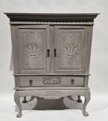 Shabby chic grey-painted cupboard comprising a two-door cupboard over a single long drawer, on
