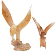Carved apple wood kookaburra feeding, titled 'Anticipation', 37.5cm high and another similar