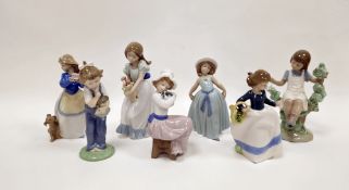 Lladro porcelain figure of a girl, 18.5cm high and six Nao figures similar, various printed and