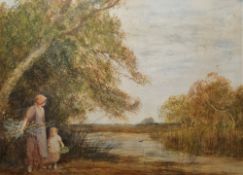 Theodore Hines (1810-1890) Watercolour 'Faggot gatherer and child in river setting', signed lower