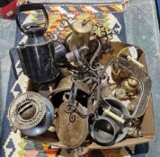 Assorted metalware including a Victorian footed copper and brass-mounted oil lamp, a pewter bowl