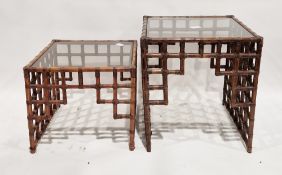 Two 20th century bamboo coffee tables of square form, with glass tops, largest table 71cm high, 64cm