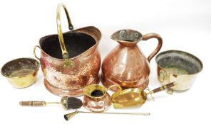 Victorian copper gallon pitcher, a hammered copper shaped oval coal bucket with swing brass