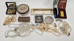 Quantity costume jewellery to include crystal necklaces, faux pearls, compacts and other costume