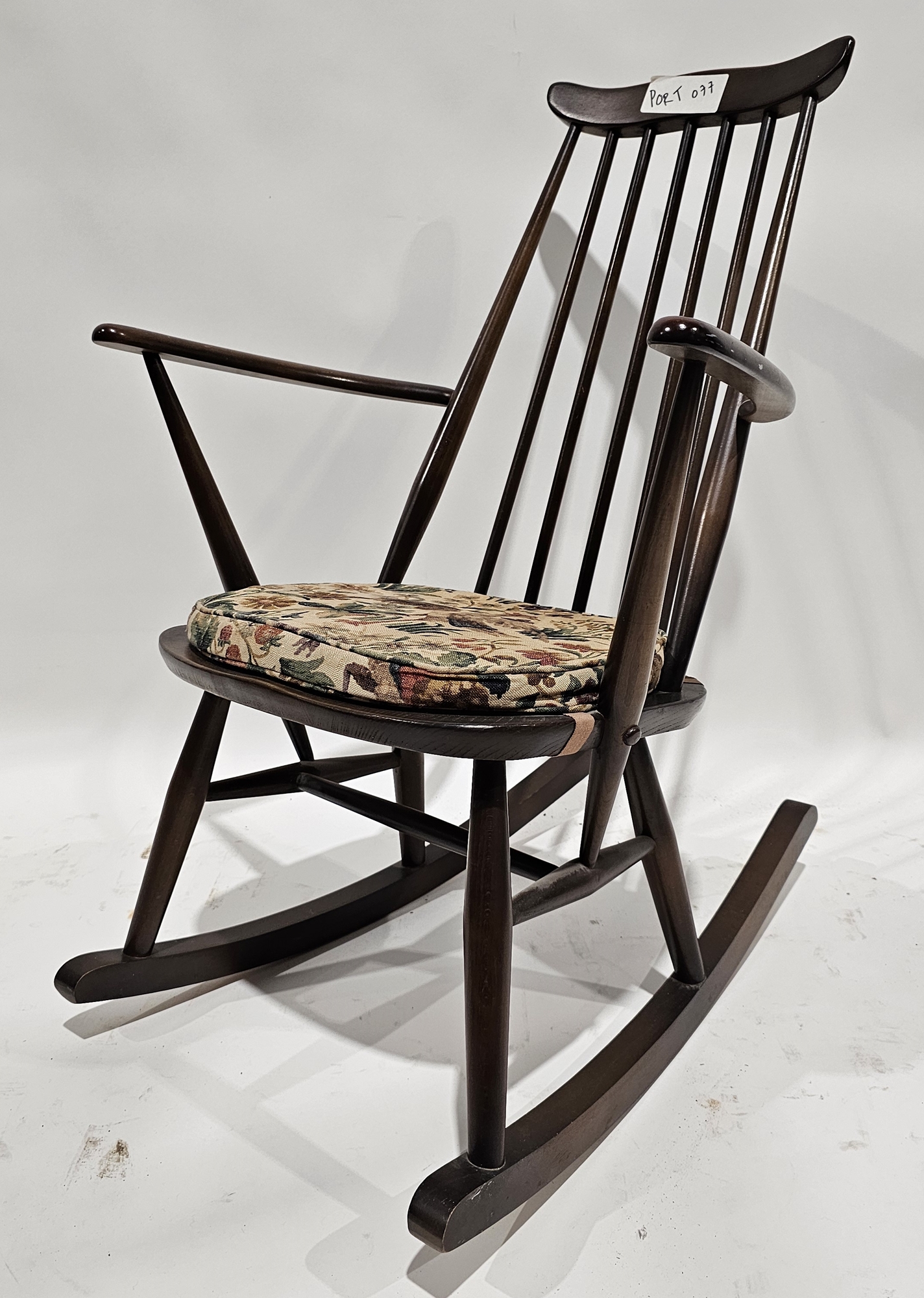 Mid-century Ercol rocking chair with spindle back, 85cm high