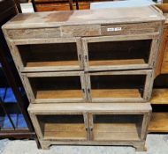 Limed oak stacking bookcase, three-section, each with two glazed doors, on bracket feet, 120cm