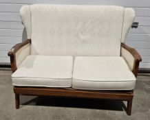 Mid century upholstered two-seater sofa with wooden arms, 87cm high x 120cm wide