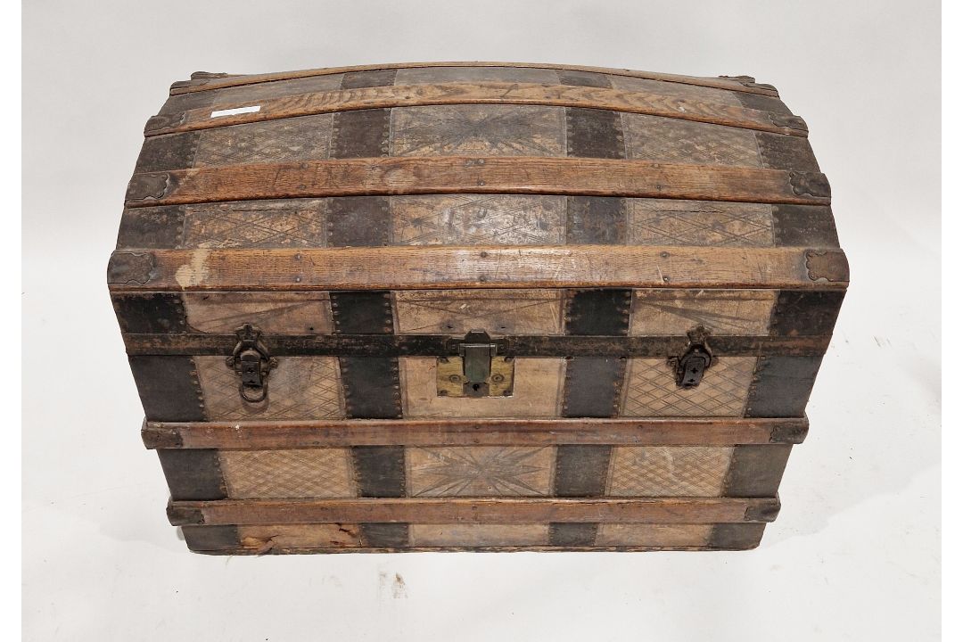 Late 19th/early 20th century tooled leather, oak and iron-banded travelling trunk, of domed form, - Image 2 of 2