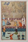 Three Indian miniature paintings, gouache on paper, depicting battle scenes and festivities, mounted