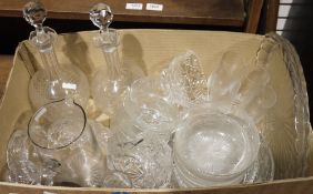 Quantity of glasswares to include cut and moulded glass decanters, dessert bowls, serving dishes,