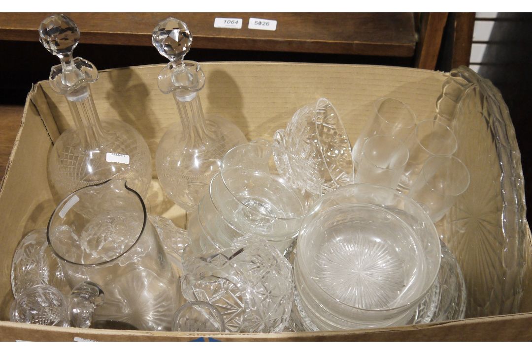 Quantity of glasswares to include cut and moulded glass decanters, dessert bowls, serving dishes, - Image 1 of 2