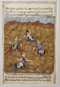 Four Indian miniature paintings, gouache on paper, depicting lovers and battle scenes, below